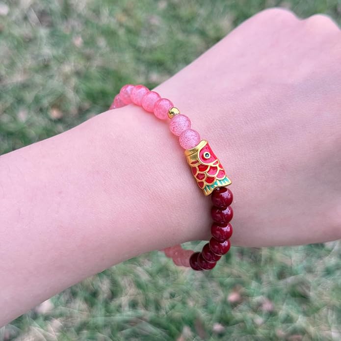 LINGYUAN Feng Shui Wealth and Luck Bracelet with Gold Foil Five Gods Amulet-Red Agate Cinnabar Gemstone Bracelet for Prosperity, Protection & Success, Lucky Charm Gift for Men & Women
