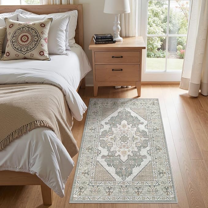 Tortania Area Rug Living Room Rugs - 3x5 Washable Rug Vintage Oriental Distressed Farmhouse Small Thin Indoor Carpet for Living Room Bedroom Under Dining Table Home Office - Sage Green