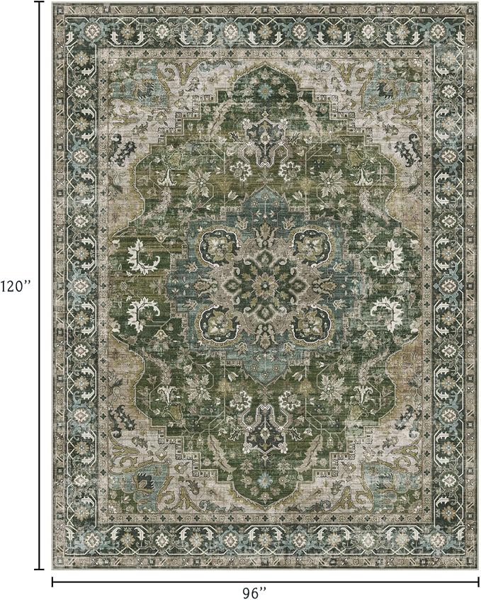 LUXRUG Washable Area Rug 8x10 - Large Moss Green Boho Rugs for Living Room Soft Vintage Bedroom Rug Ultra-Thin Oriental Farmhouse Distressed Carpet Non Slip Rug for Dining Room Guest Room Home Decor