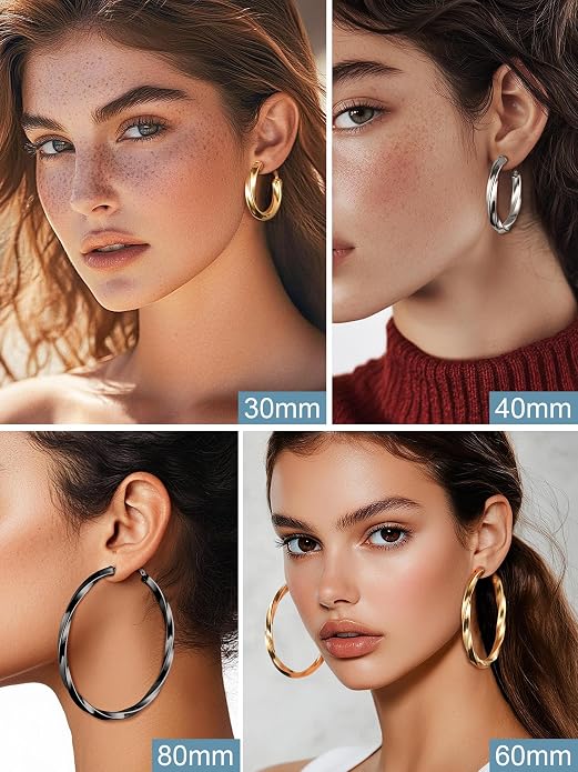 Stainless Steel Chunky Hoop Earrings For Women, Minimalist and Chic, Black/Gold Plated, Round Hoops Earrings Hypoallergenic, Size: 30mm/40mm/60mm/80mm, Come with Box