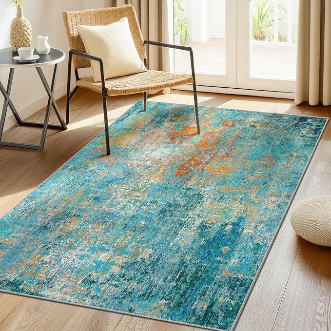RELEANY Washable Area Rugs 3'x5' Non-Slip Modern Abstract Soft for Living Room Entryway Bedroom Kitchen, Print Pattern, Teal Blue Green Orange Rust Red Coloreful