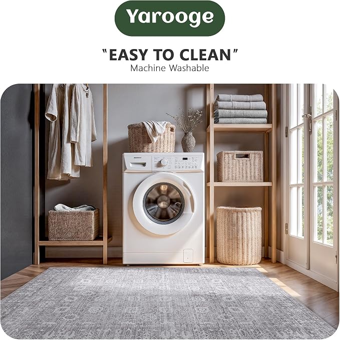 5x7 Area Rugs, Washable Vintage Retro Floral Rug for Living Room, Low Pile Non Slip Distressed Large Carpet for Bedroom, Dining Room, Office, Home (Vintage Purple Grey)