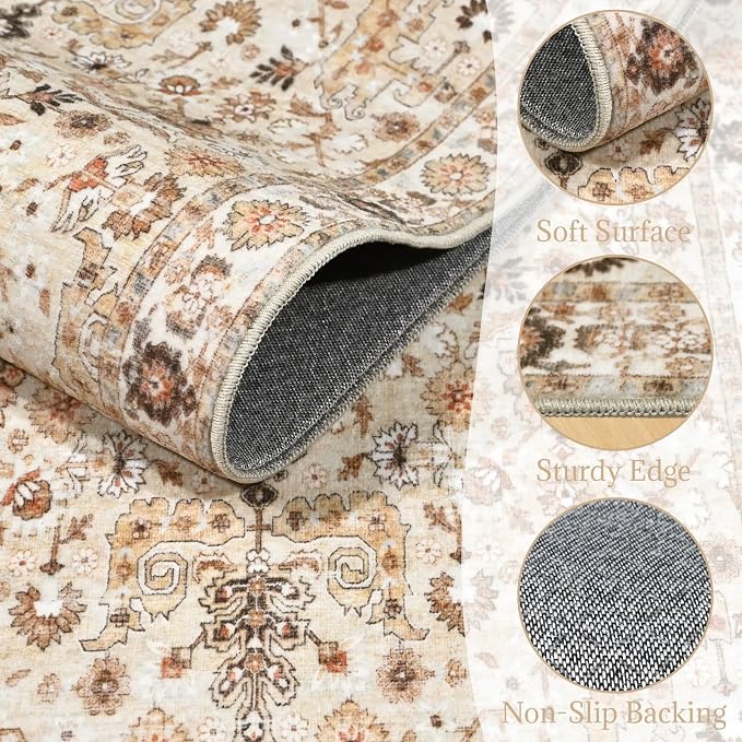Washable Rugs for Living Room: 8x10 Area Rugs for Bedroom Ultra Soft Non-Slip Stain Resistant Vintage Boho Large Carpet for High-Traffic Dining Room - Farmhouse Decor