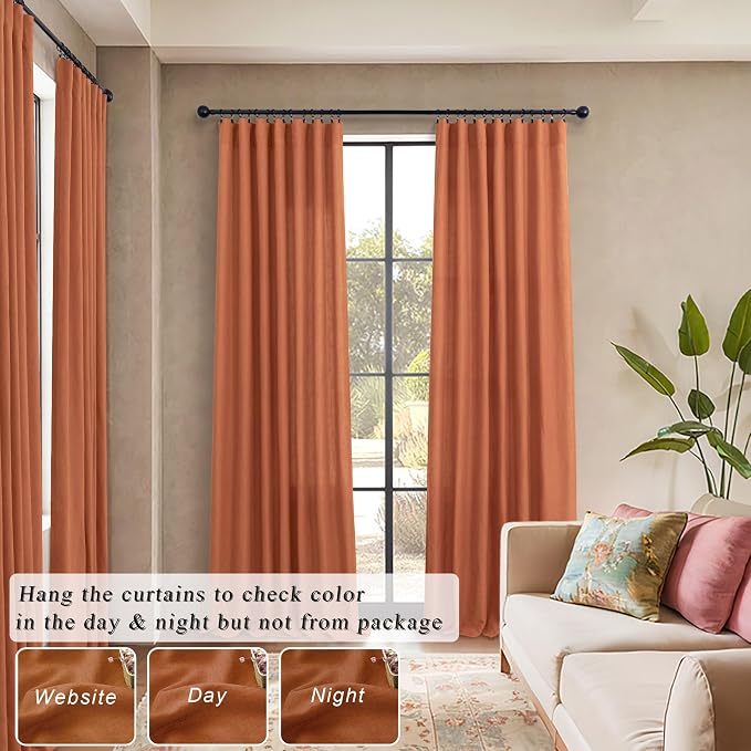 Burnt Orange Linen Curtains 63 Inch Length for Bedroom 2 Panels Set Back Tab Pocket Semi Sheer Light Filtering Curtains for Dining Room Nursery Boys Toddlers Funky Pop Colored Copper Rust Decor 52x63