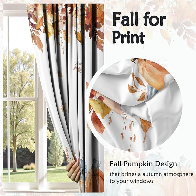 Harvest Pumpkin Window Curtains 52 x 63 in, Watercolor Fall Drapes with Cornucopia, Autumn Leaves and Blue Pumpkin Farmhouse Decor for Bedroom Living Room