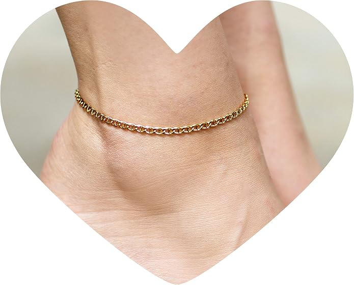 LIFETIME JEWELRY Womens Gold Anklet 3mm Mariner Link Chain Ankle Bracelet 24k Gold Plated