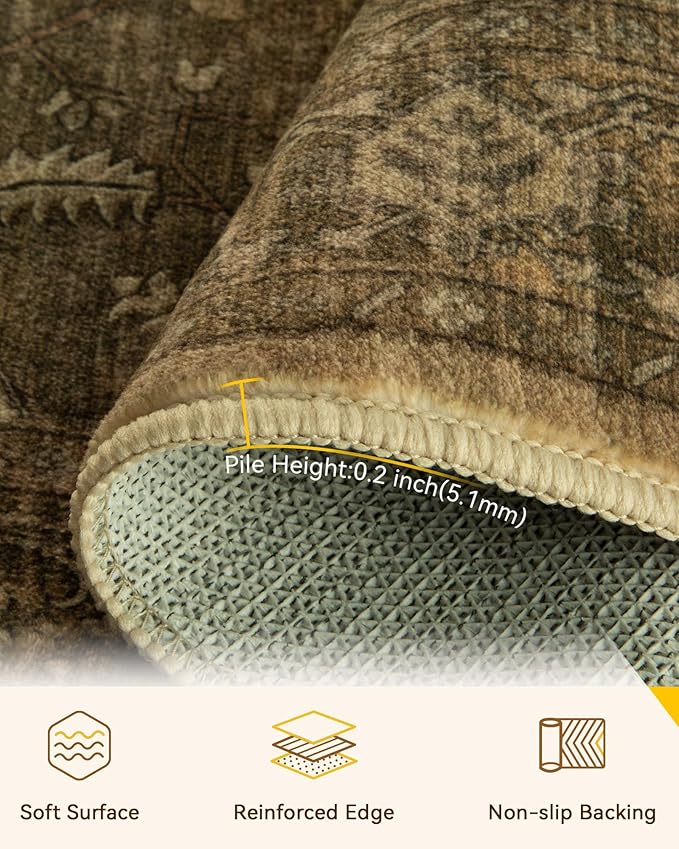 RELEANY Area Rugs Runner 2'x6' Washable Non-Slip, Floral Vintage Distress Medallion Carpet for Kitchen Hallway Bedroom Beside Laundry Room Bathroom, Brown Dark Brown