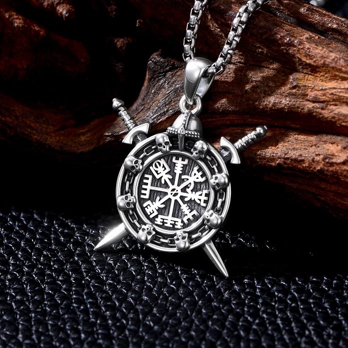 PROESS Viking Axe/Sword/Skull Necklace S925 Sterling Silver Thors Hammer Necklace Amulet Dagger Pendant Norse Viking Rune Jewelry Gifts for Men Women