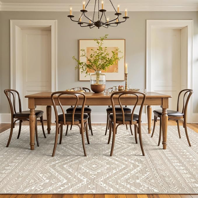 Miukiki 5x7 Area Rug for Living Room Moroccan Washable Rugs Non Slip Indoor Floor Carpet Foldable Large Soft Area Rug for Dining Room Bedroom with Low Pile(Brown,5'x7')