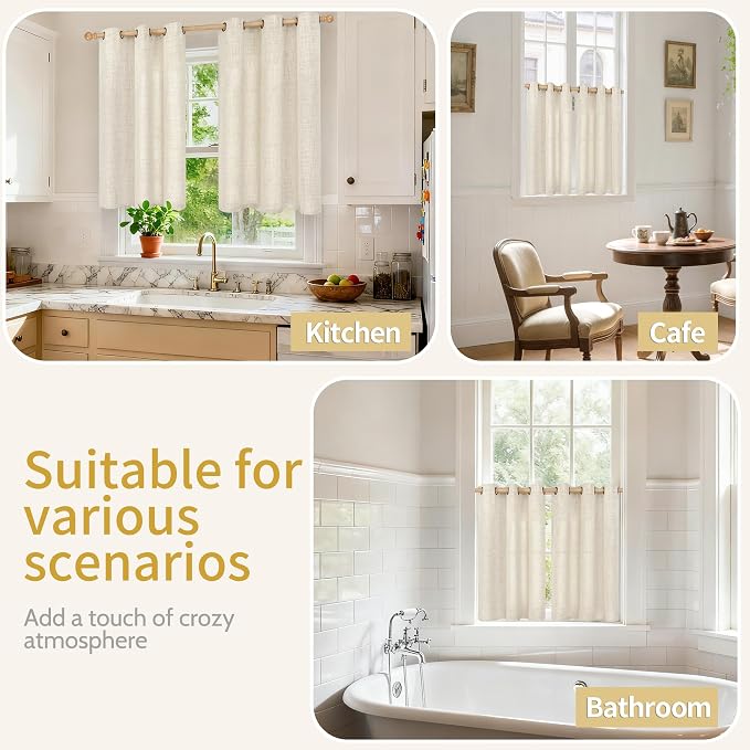 YoungsTex Linen Kitchen Window Curtains 48 Inch Length with Grommet, Short Light Filtering Drapes Semi Sheer Privacy for Bathroom Living Room Window, 34 x 48 Inch, 2 Panels