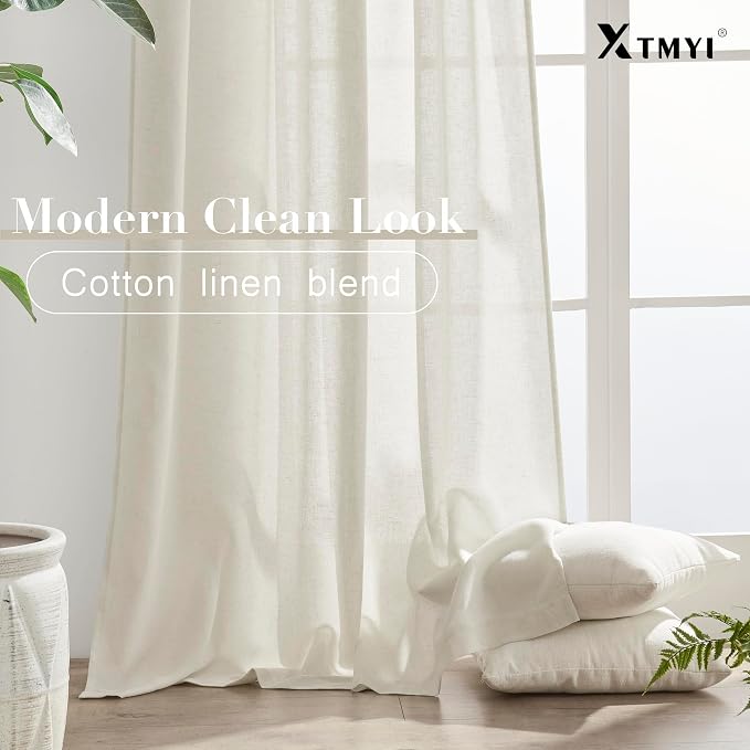 XTMYI 95 Inch Length Curtains 2 Panels Set Back Tab Linen Window Sheer Curtain Drapes for Living Room Bedroom,50x95 in Long,Cream(Ivory/Off White)