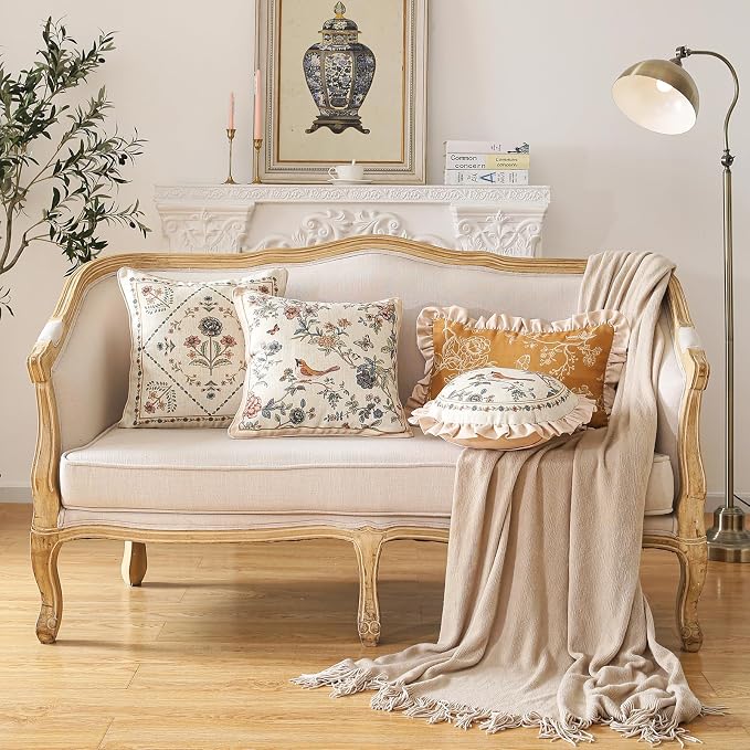 ISAENNE Designer Elegant Linen Throw Pillow Cover,Set of 4-Cornucopia Set | French Cottage Pillow Cover,Concealed Zipper,Floral Pattern,Sofas,Bedroom,Living Room,Lounge Chairs,All Season Home Decor