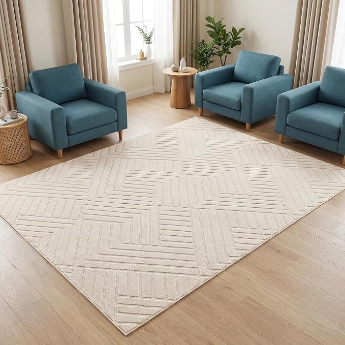 Bsmathom 5x7 Washable Area Rug, Boho Neutral Modern Soft Carpet Mat, Beige | Machine Washable, Low Pile Fluffy Plush, Non-slip, Geometric Textured, For Living Dining Kids Room Bedroom Indoor Dorm