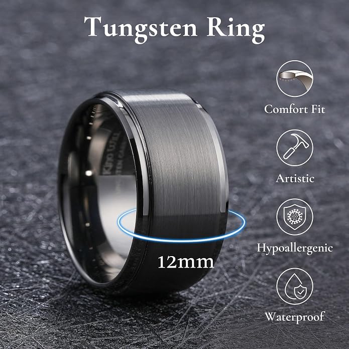 King Will Classic Tungsten Wedding Band for Men, 6/7/8/9/10mm Widths, Polished Finish Step Edge Matte Rings Comfort Fit