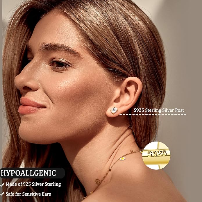 GEMQUEEN Moissanite Earrings Studs Flat Back Earrings Hypoallergenic - 14K Gold Plated Sterling Silver Earring for Women Men Small Dainty Cartilage Helix Piercing Jewelry D Color VVS1