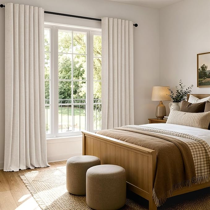 MIULEE 100% Blackout Linen Curtains 42 x 96 Inch Cream Beige 2 Panels | Thermal Insulated, Room Darkening Drapes for Bedroom Living Room, Back Tab Rod Pocket Pinch Pleated, Solid Luxury Decor