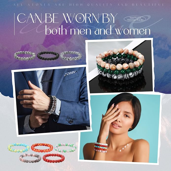 Landical 24 Pcs Gemstones Beaded Bracelets Bulk for Women Men 8mm Stretch Round Semi Precious Stone Bracelets Set