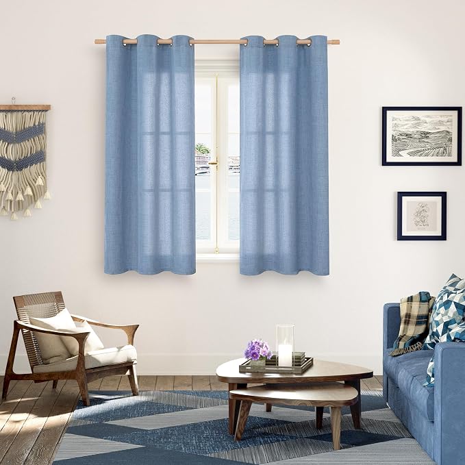 YoungsTex Blue Linen Curtains 54 Inches Length for Living Room Window - Bronze Grommet Short Light Filtering Drapes Privacy for Bathroom Bedroom Decorative, 42 x 54 Inch, 2 Panels