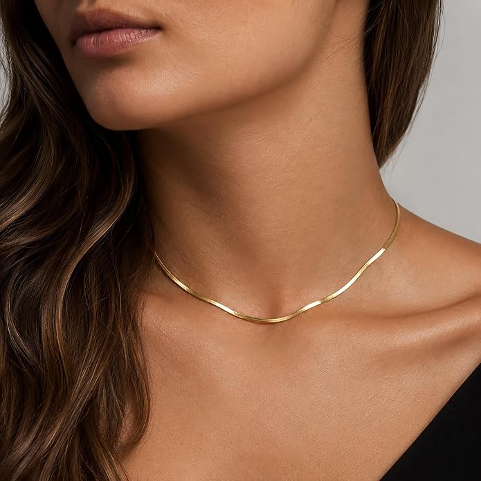 WomenGifts 14K Gold Silver Plated Herringbone Necklace for Women, Dainty Snake Chain Choker, Trendy Simple Long Layered Jewelry Non Tarnish, 3/4/5/8mm,14,16,18,20,22,24,26 Inch Thin & Chunky Options
