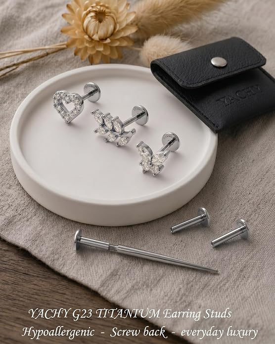 YACHY G23 Titanium Flat Back Stud Earrings, Internally Threaded Screw-On Hypoallergenic Body Piercing Jewelry for Everyday Wear, Tragus Helix Conch Monroe Medusa Lip, 18G 6mm 8mm
