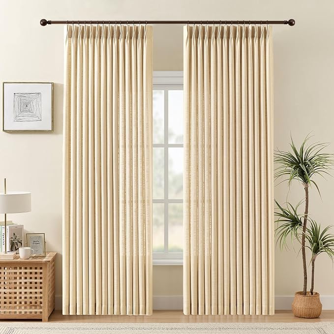 IVAPUPU Pinch Pleated Curtains 90 Inch Length 2 Panels for Living Room, Semi Sheer Pleated Curtain with Hooks Rings Memory Trained Light Filtering Back Tab Window Drapes for Bedroom, 40W, Sand Beige