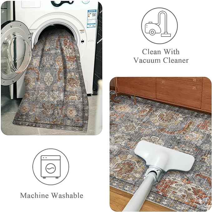 RUGSURE Washable Area Rugs - Perfect for Living Room, Bedroom, Kids Room, Nursery - Stain & Water Resistant Non-Slip, Pet & Child Friendly, Vintage Tribal Area Rugs (Turmeric and Grey, 4' x 6')