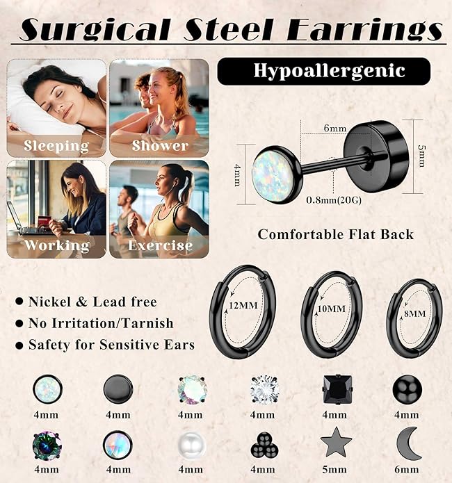 Jstyle Hypoallergenic Flat Back Stud Earrings for Women Men Surgical Stainless Steel Earrings for Sensitive Ears Small Stud Hoop Silver Gold Black Earrings Cartilage Earring Set for Multiple Piercing