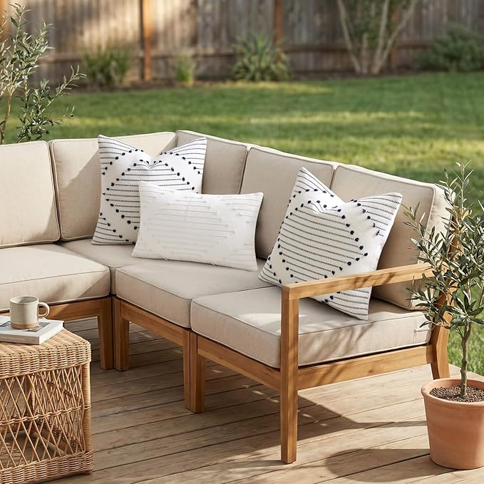 Mecatny Boho Summer Outdoor Throw Pillow Covers 20X20 Set of 2, Farmhouse Decorative Pillow Covers for Couch Sofa Living Room, Navy & Cream White