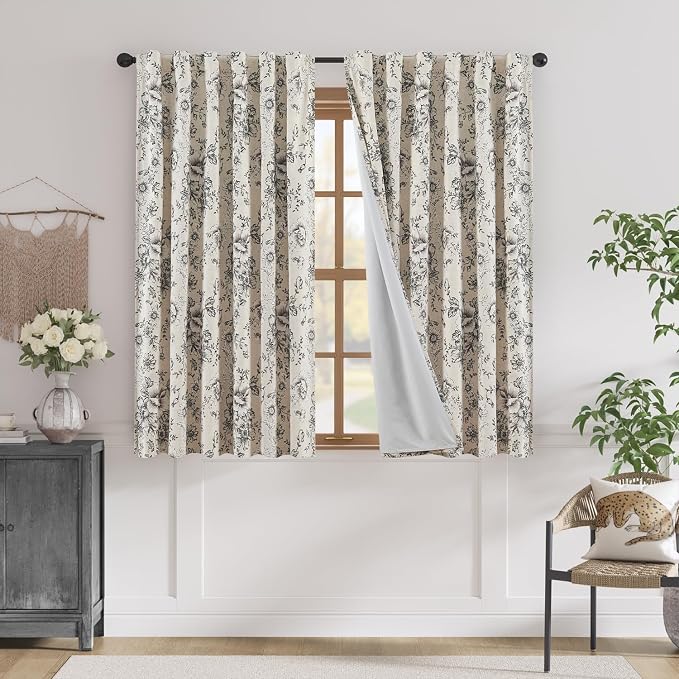 jinchan Black Floral Linen Blackout Curtains 63 Inch Back Tab 2 Panels | Blackout lining, room darkening drapes, farmhouse, vintage, cottagecore, rustic, bedroom, living room, window treatment