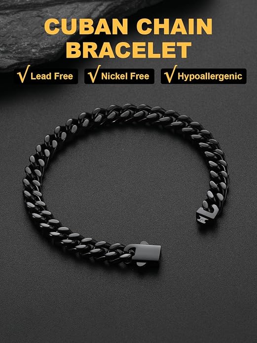 U7 Cuban Link Bracelets for Men Stainless Steel Wrist Bracelet Silver Black Gold Cuban Hand Chain Bracelet for Mens Women, 5/7/9/12mm Width, 7.5/8.3/9 Inch Length Classic Jewelry with Box Packed