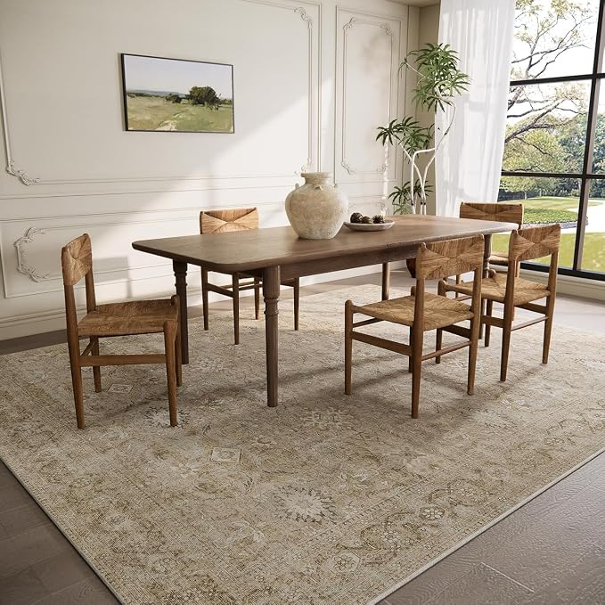 10x14 Area Rugs for Living Room: Large Washable Bedroom Rug Non Slip Low Pile Soft Faux Wool Non Shedding Distressed Lightweight Vintage Boho Carpet for Dining Room Kids Playroom Nursery Farmhouse