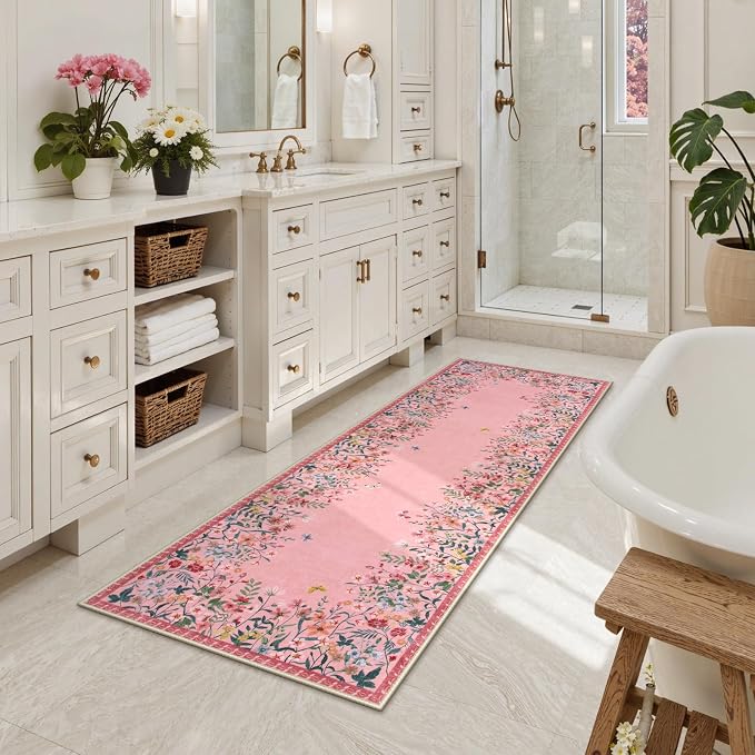 Wonnitar 2x6 Washable Runner Rug, Pink Floral Hallway Runner, Boho Kitchen Runner Rug, Non Slip Soft Bathroom Rug, Low Pile Bedroom Bedside Laundry Decor (2x6 Pink)