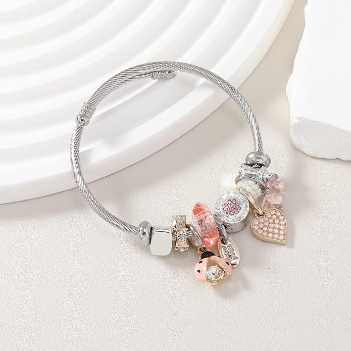 DS Charm Bracelets for girls,exquisite cute cartoon friendship bracelets Silver Stainless Steel Bangle with birthday Gift box, Adjustable girls jewelry Suitable for holiday gifts