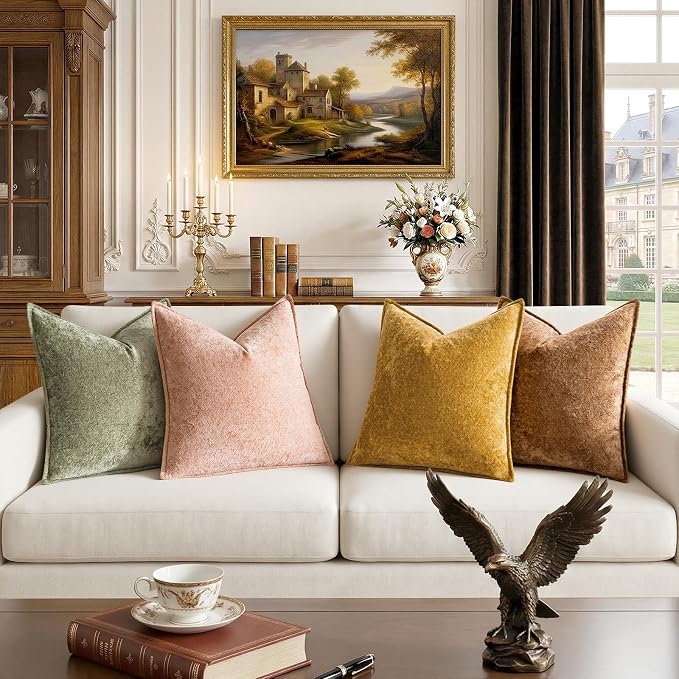 a moment Throw Pillow Covers 22X22 Inch 4 Packs,Soft Velvet Decorative Pillow Cases with 3D Ice Flower,Texture Modern Accent Cushion Covers for Sofa Couch Home Decor Golden Earth