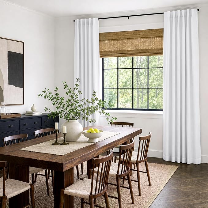 INOVADAY 100% Blackout Curtains 102 Inches Length 2 Panels Set, Back Tab/Rod Pocket Linen Black Out Curtains for Bedroom, Thermal Insulated Window Drapes - Bright White, W50 X L102