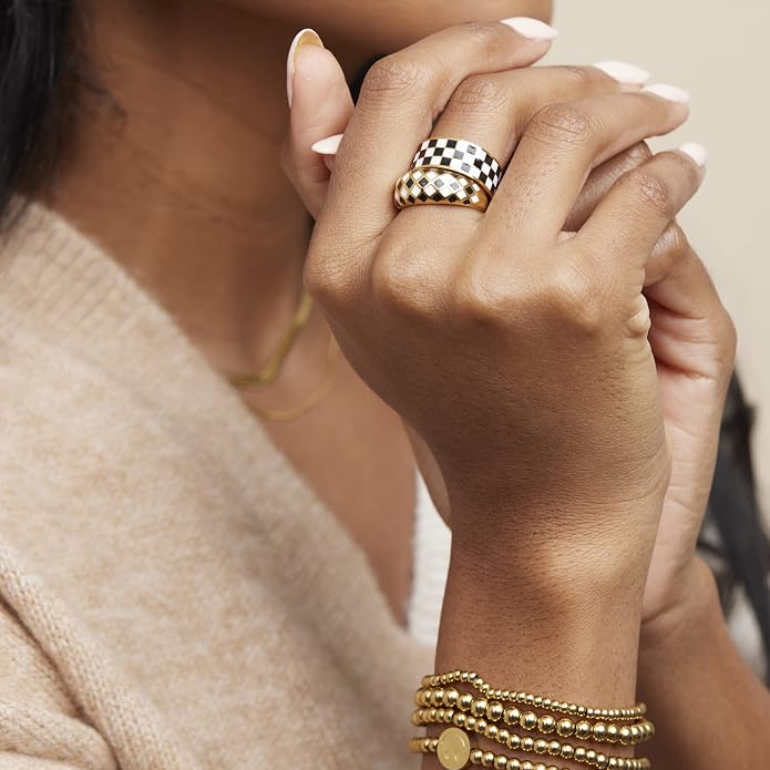 Shapes Studio 18K Gold Plated Titanium Checker Dome Ring. Vintage Styled Women Checkered Ring, Stackable Ring