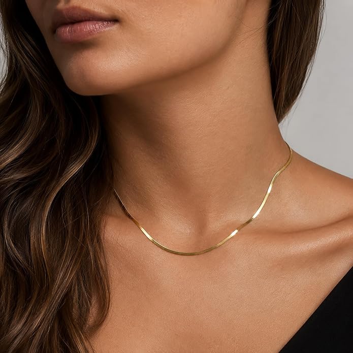 WomenGifts 14K Gold Silver Plated Herringbone Necklace for Women, Dainty Snake Chain Choker, Trendy Simple Long Layered Jewelry Non Tarnish, 3/4/5/8mm,14,16,18,20,22,24,26 Inch Thin & Chunky Options