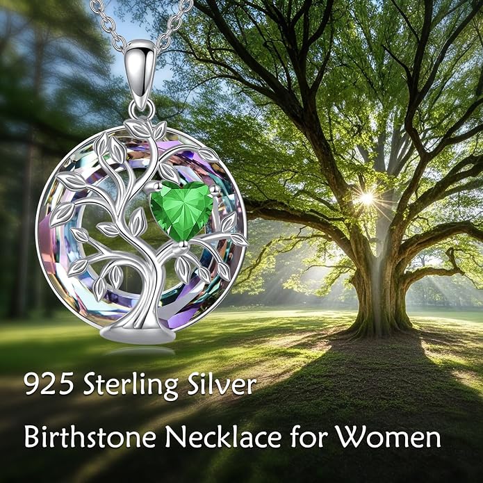 Tree Of Life Birthstone Necklace 925 Sterling Silver Crystal Family Tree Pendant Necklaces Heart Birthstone Jewelry For Women Female Anniversary Birthday Gifts