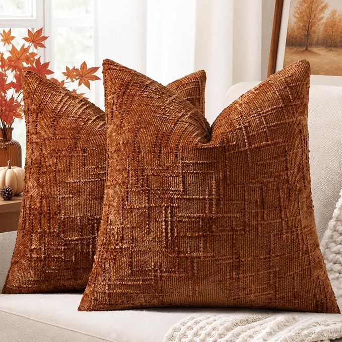 decorUhome Textured Chenille Throw Pillow Covers 20x20 Set of 2 Rust | Fall Modern Farmhouse Soft Cozy Slubby Couch Pillow Cases Boho Decorative Pillow Cases for Bed Sofa Living Room Home Decor