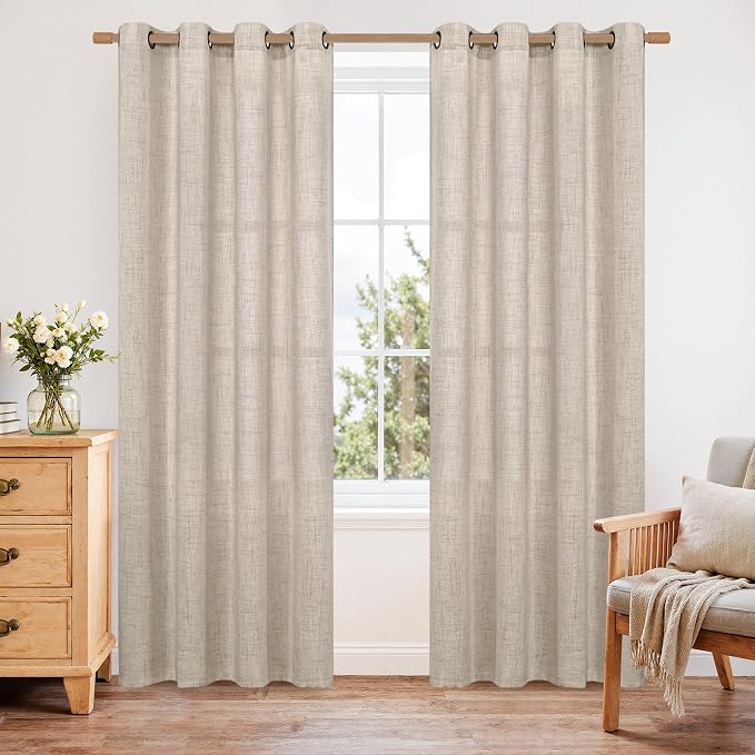 YoungsTex Curtains 84 Inch Length for Living Room, Beige Semi Sheer Drapes with Bronze Grommet Rustic Light Filtering Window Treatments for Dining Bedroom, 2 Panels, 52 X 84 Inch | Semi Sheer Window Treatments with Bronze Grommet Rustic Light Filtering...