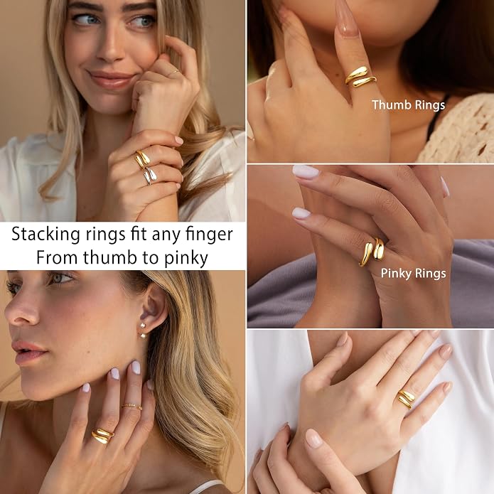 Non Tarnish Gold Chunky Rings for Women, 14K Gold Plated Statement Dome Rings Stacking Silver, Adjustable Mens Eternity Wedding Band Mixed Metal Jewelry Size 3-13