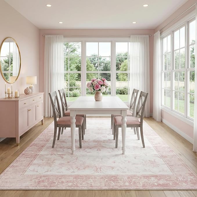 9'x12' Extra Large Vintage Rug, Washable Area Carpet for Home Office Farmhouse, 0.26" Low Pile Water Resistant Faux Wool Rug - Non-Slip Silicone Backing for Hardwood, Pink & White