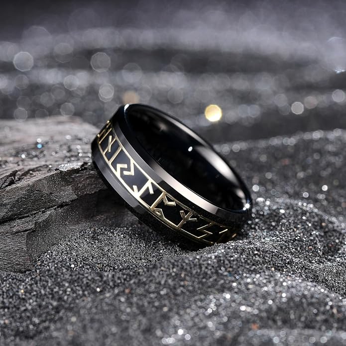 King Will Tungsten Carbide Wedding Band for Men - 8mm Black/Silver/Gold Plated with Norse Viking Rune & Hawaii Koa Wood Inlay Mens Ring, Polished Beveled Edge for Daily Wear, Comfort Fit Size 7-14
