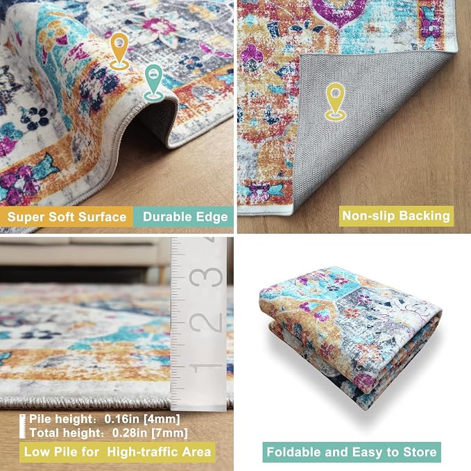 Mandala - Indoor Area Rugs 8x10 Washable, Stain Resistant Machine Washable Rugs for Living Room, Bedroom, and Modern House Décor - Durable Polyester Material, Colorful Patterned - Multi Color