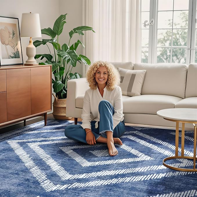 Boho Washable Rugs 5x7ft for Living Room, Low Pile Blue Bedroom Area Rug Non Slip, Moroccan Soft Kids Nursery Area Carpets for Dining Room Playroom Kitchen Home Office Decor