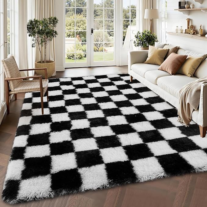 Garvee Checkered Rug 5x8 Super Soft Shaggy Rugs Fluffy Carpets Fluffy Fuzzy Rug for Living Room Bedroom,Checkered Fluffy Rugs for Girls Kids Room, Shag Plush Carpet for Teen Room Decor, Black-White