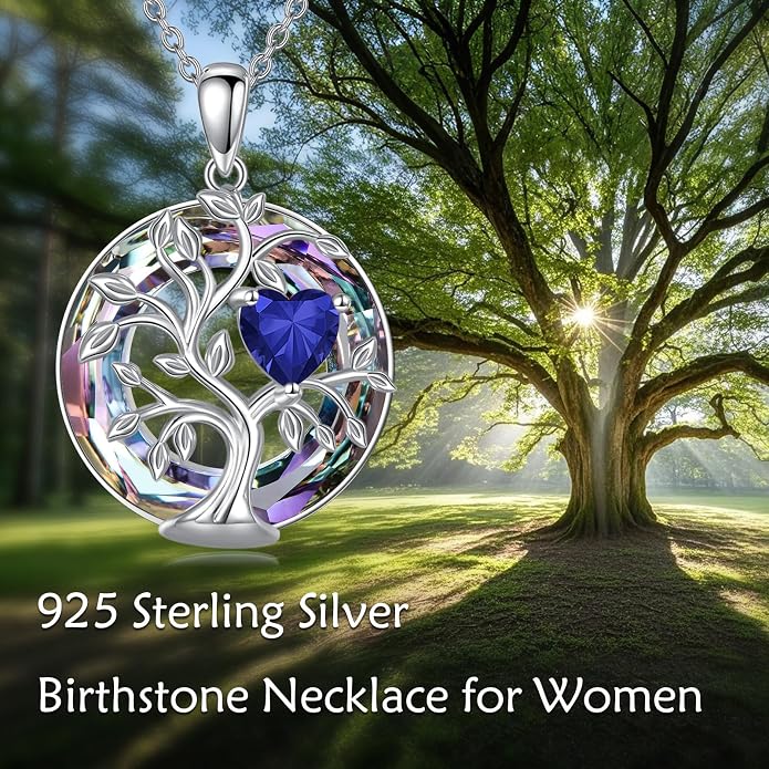 Tree Of Life Birthstone Necklace 925 Sterling Silver Crystal Family Tree Pendant Necklaces Heart Birthstone Jewelry For Women Female Anniversary Birthday Gifts