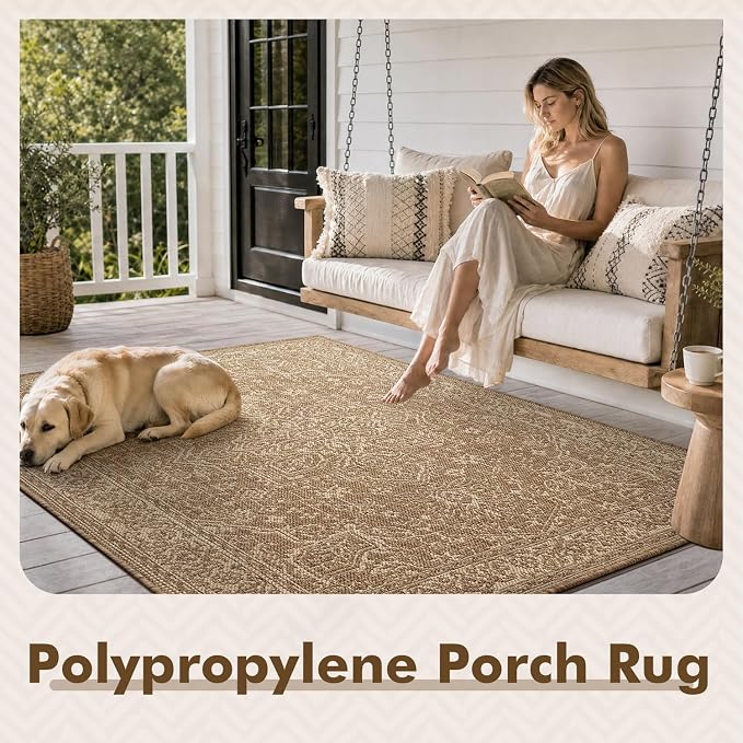 MontVoo-3x5 Outdoor Rug Porch Entryway Rug-Polypropylene Indoor Outdoor Rugs for Entryway Kitchen Balcony Patio, Textured Weave, Durable, Fade-Resistant, Non-Shedding, Vintage Neutral Brown