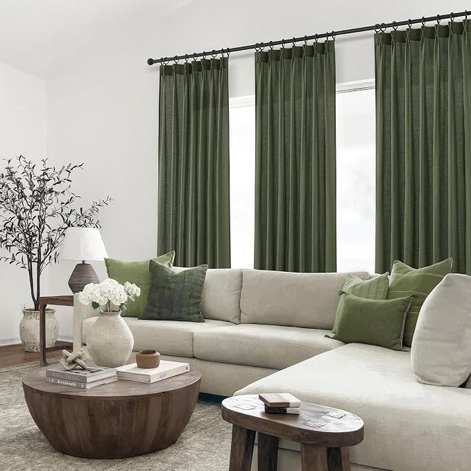 Pleated Linen Curtains 105 Inches Long for Living Room 2 Panel Set Olive Green Semi Sheer Light Filtering Pinch Pleat with Hooks Back Tab Drapes Neutral Boho 105 Inch Curtain for Bedroom Window