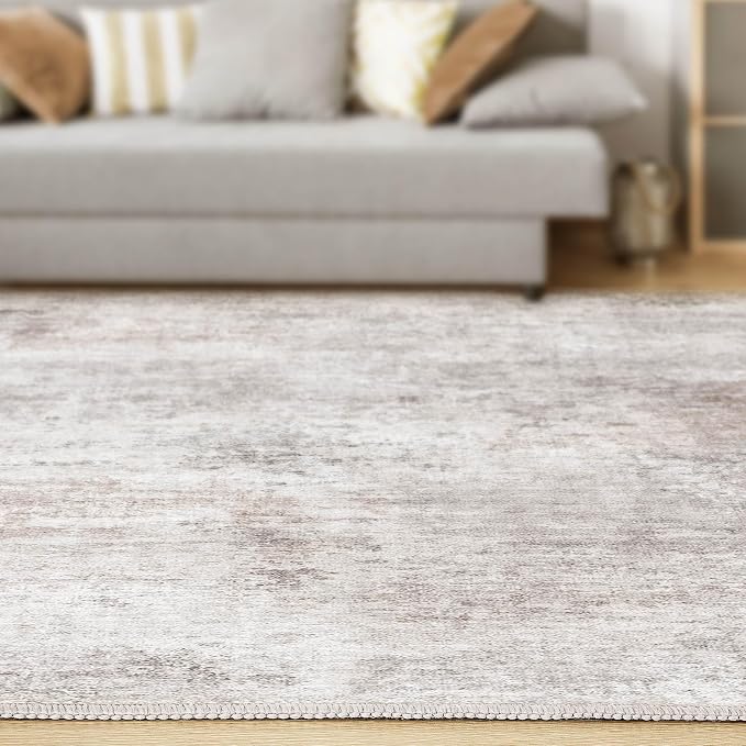 Abstract 8x11 Area Rug: Machine Washable Non Slip Ultra Thin Low-Pile Carpet, Soft Stain Resistant for Living Dining Room Bedroom, Kid Pet Friendly, Robot Vacuum Compatible - Brown Grey